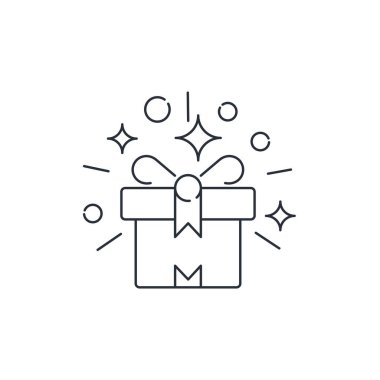 Kutu şenliği. Hediye, sürpriz. Beyaz arkaplanda izole edilmiş vektör doğrusal simgesi.