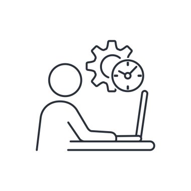  Bilgisayar üzerinde çalışan bir iş adamı. Çalışan, yaratıcı süreci kullan. Beyaz arkaplanda izole edilmiş vektör doğrusal simgesi.