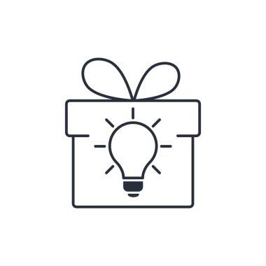 Hediye kutusu ve ampul. Bir fikir sun. Beyaz arkaplanda izole edilmiş vektör doğrusal simgesi.