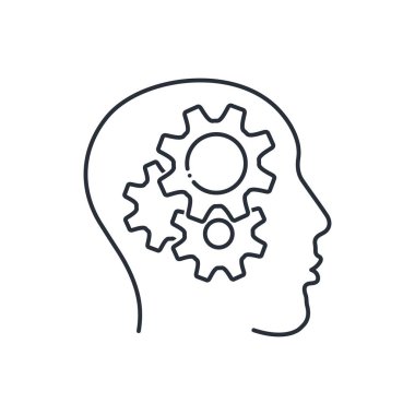 Kafa ve dişliler. Yaratıcı teknik düşünce. Beyaz arkaplanda izole edilmiş vektör doğrusal simgesi.