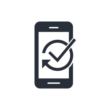 Phone and arrow of progress. Mobile registration, loading. Movement towards the goal. Vector icon isolated on white background.