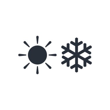 Güneş ve kar tanesi. Sıcak ve soğuk. Çift zıtlık, zıt kutuplar. Beyaz arkaplanda vektör simgesi izole edildi.