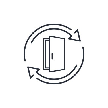 Açık kapılar ve oklar yeni fırsatlar ve bilgiler paylaşıyor. Beyaz arkaplanda izole edilmiş vektör doğrusal simgesi.