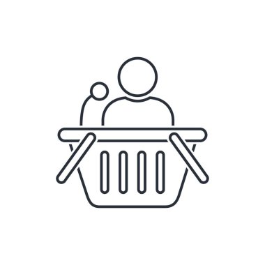 Süpermarketten alışveriş arabasında bir adam. Resmi olarak bir politikacı satın aldım. Yozlaşmış hükümet. Beyaz arkaplanda izole edilmiş vektör doğrusal simgesi.