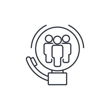 Bir grup insan ve bir alarm sinyali. Beyaz arkaplanda izole edilmiş vektör doğrusal simgesi.