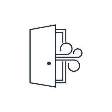 Açık kapı ve hava akışı. Hava akımı. Beyaz arkaplanda izole edilmiş vektör doğrusal simgesi.