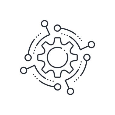 Elektronik mekanizma. Sistemik etkileşim. Otomatik kontrol. Dijital teknolojik işlemci. Beyaz arkaplanda izole edilmiş vektör doğrusal simgesi.
