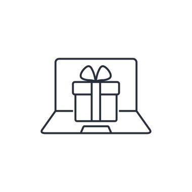 Laptopta hediye var. Beyaz arkaplanda izole edilmiş vektör doğrusal simgesi.