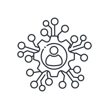 Elektronik mekanizmanın merkezindeki adam. Beyaz arkaplanda izole edilmiş vektör doğrusal simgesi.