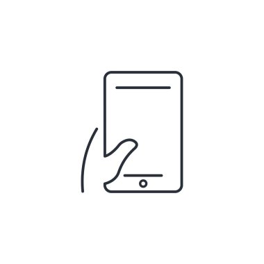 Akıllı telefon elindeydi. Cep telefonu. Beyaz arkaplanda izole edilmiş vektör doğrusal simgesi.