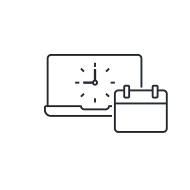  Takvim ve ekran zamanı. Zamanlama, planlama. Beyaz arkaplanda izole edilmiş vektör doğrusal simgesi.