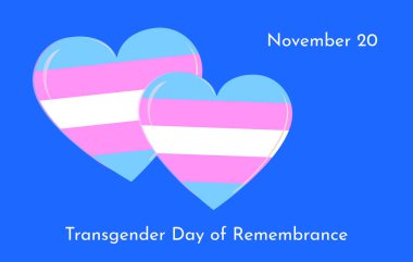 Transseksüel Anma Günü vektör tebrik kartı. Mavi arka planda transseksüel gurur topluluğu tarzı iki kalp var. Her yıl 20 Kasım 'da kutlanıyor