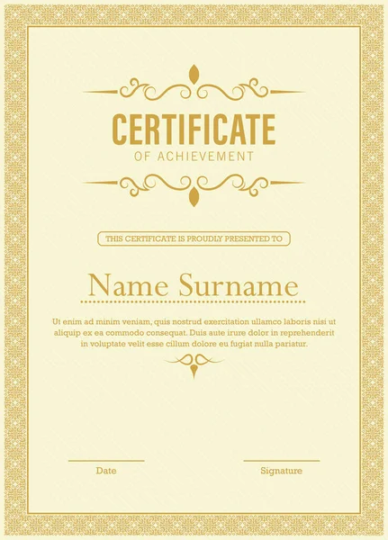 Certificate Achievement Template Vector Applied Thai Line Yellow Gold Tone — Stock Vector