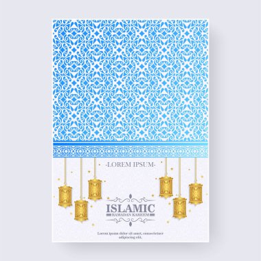 Dekoratif desenli mavi renkli Ramazan Kareem broşürü