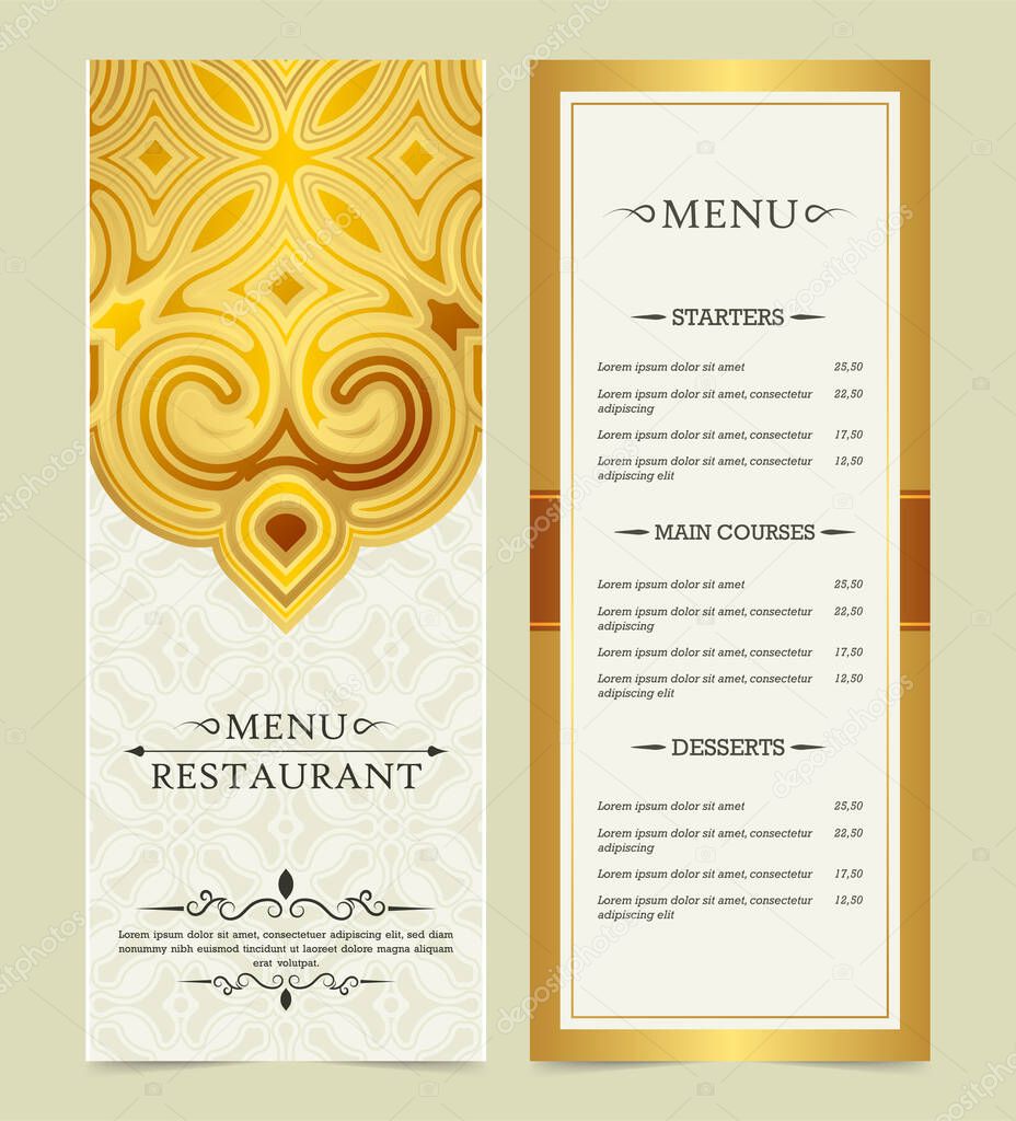 Gold restaurant menu with elegant ornamental style