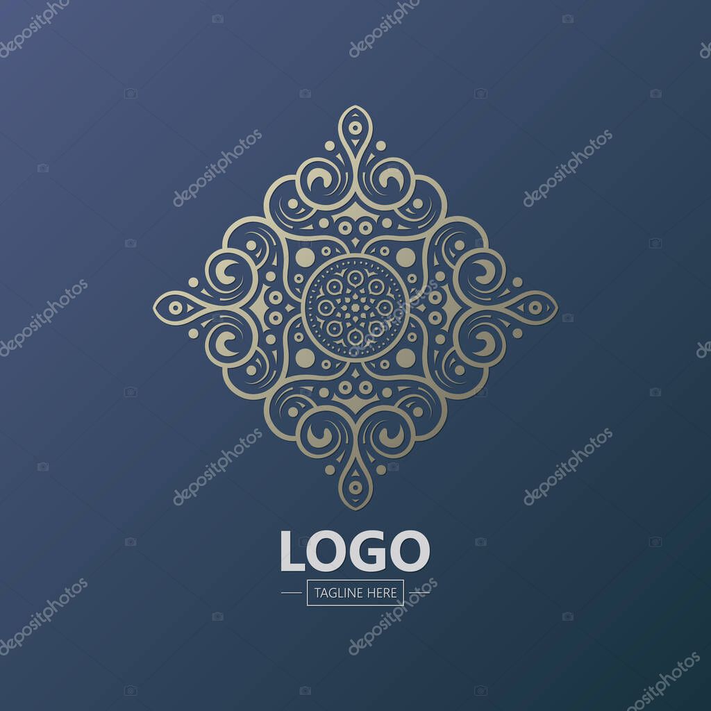 Elegant Ornamental Luxury Logo Design on Blue Background