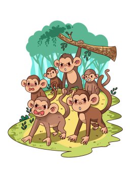 Ormandaki kızgın maymunların vektör çizimi,