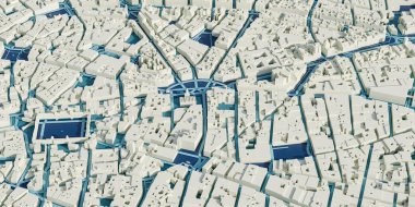 Madrid 'in 3 boyutlu çizim haritası. Madrid, İspanya 'nın üç boyutlu hava görüntüsü.