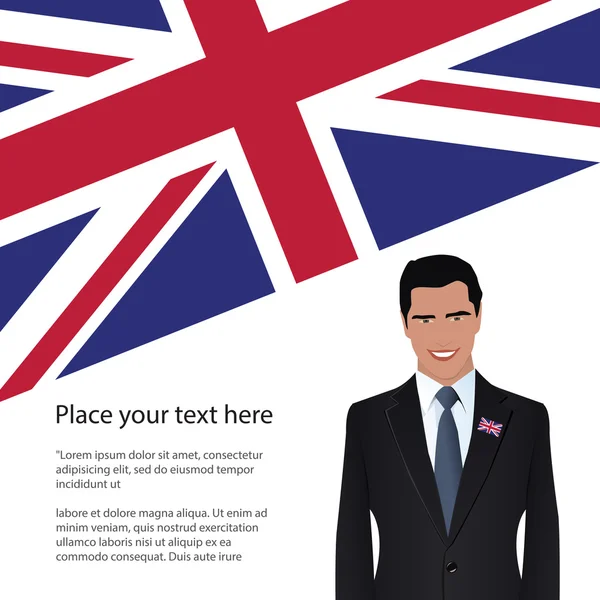 Homem vestindo terno, bandeira do Reino Unido — Vetor de Stock