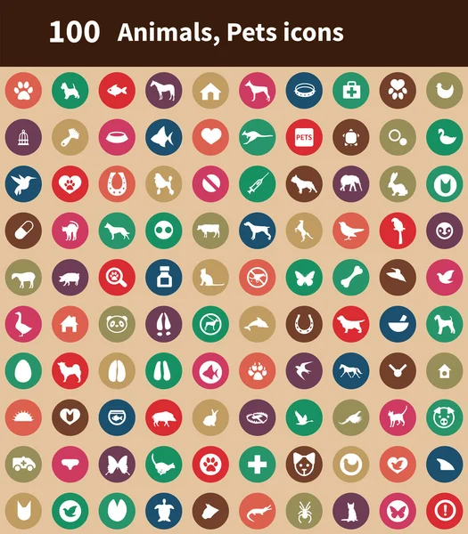 100 animales, iconos de mascotas — Vector de stock