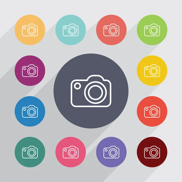 Photo camera outline circle, flat icons set — Stock Vector