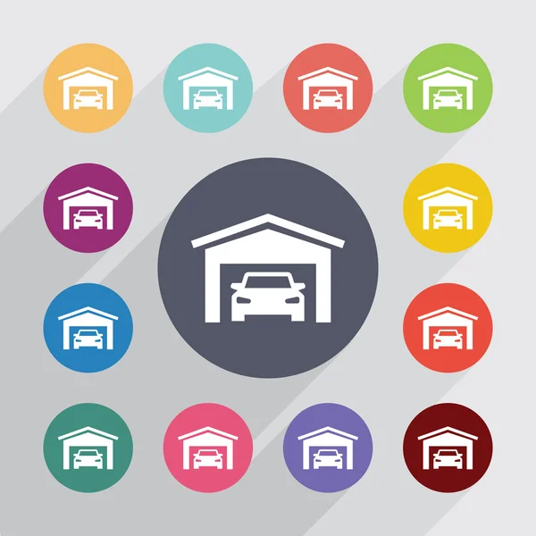 Cerchio garage auto, set icone piatte — Vettoriale Stock