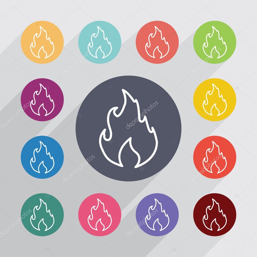 fire outline circle, flat icons set