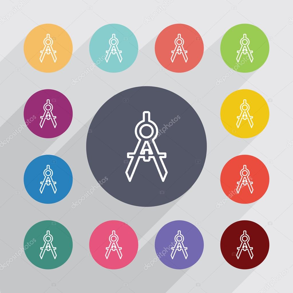 Compasses outline circle, flat icons set. Round colorful button