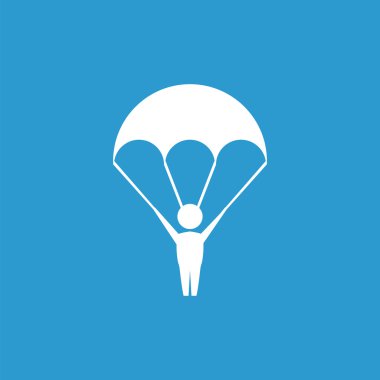 Paraşütçü anahat simgesini, izole, mavi zemin üzerine beyaz