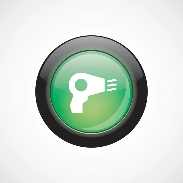 Secador de pelo icono signo de vidrio verde botón brillante — Vector de stock