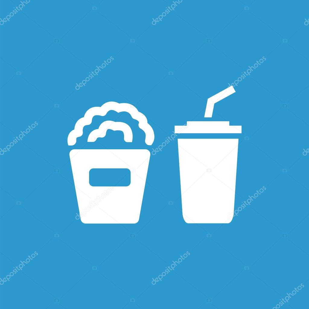 popcorn icon, isolated, white on the blue backgroun