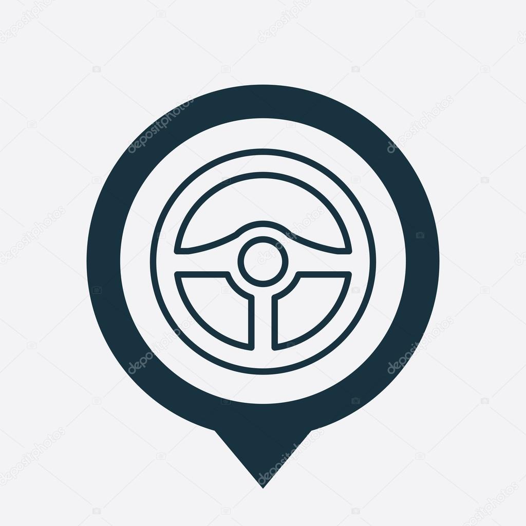 Steering wheel icon map pin on white backgroun