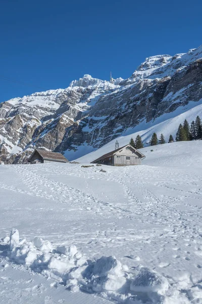 Winter Landscape Schwaegalp Alpine Huts Alpstein Massif Mountain Saentis Canton — Stock Photo, Image