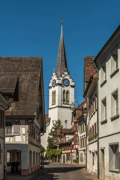 Stare Miasto Berlingen Kościołem Protestanckim Jezioro Bodeńskie Canton Thurgau Szwajcaria — Zdjęcie stockowe