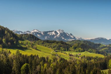 Appenzellerland 'deki çiftlik evleri ve çayırlar Saentis, Canton Appenzell Ausserrhoden, İsviçre manzaralı.
