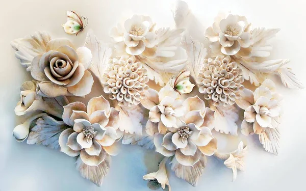Renderização Parede Decorativa Com Flores Borboletas — Fotografia de Stock
