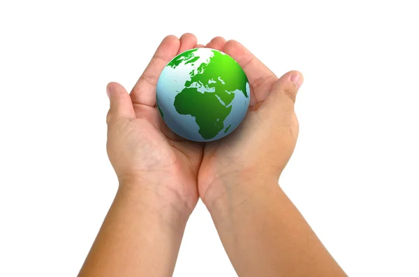 Ребенок держит планету за руку — стоковое фото