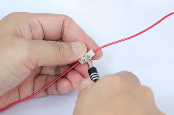 Hand work conecting wiring cable — Stock Photo, Image