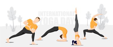 Uluslararası yoga günü vektöründe grup çalışması.