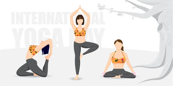Groep Meisjes Die Yoga Beoefenen Internationale Yoga Dag Vector — Stockvector