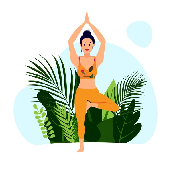 Girl Practicing Tree Pose Yoga Asana Open Space Vector — Stockvector