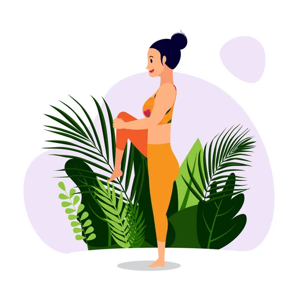 Young Lady Practicing Yoga Asana Standing Yoga Poses Vector — Vetor de Stock