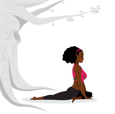 young black lady practicing seated yoga asana, a young woman in pink gym outfit practicing spin twist yoga asana vector