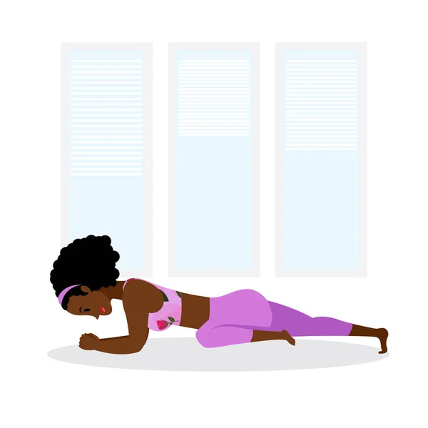 Young Black Lady Practicing Yoga Asana Home International Yoga Day — Vetor de Stock
