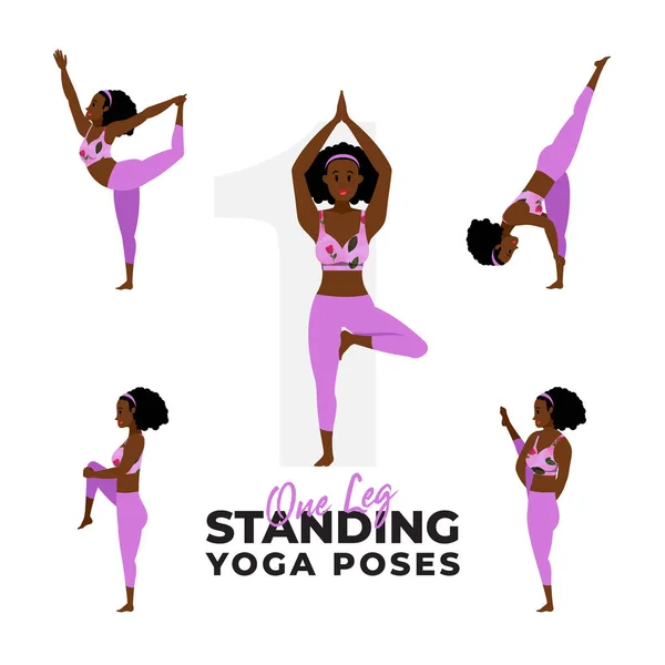 Set One Leg Standing Yoga Poses Young Girl Practicing Standing — Stockvector