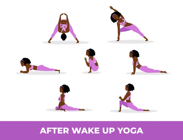 Black Woman Practicing Yoga Asana Wakeup Set Yoga Asana Wake — Stockvector