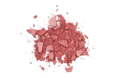 Kırık bir pembe göz farı beyaz arka planda izole edilmiş. Göz farı parıltısı üst görünümde parlıyor. Makyaj kozmetikleri.