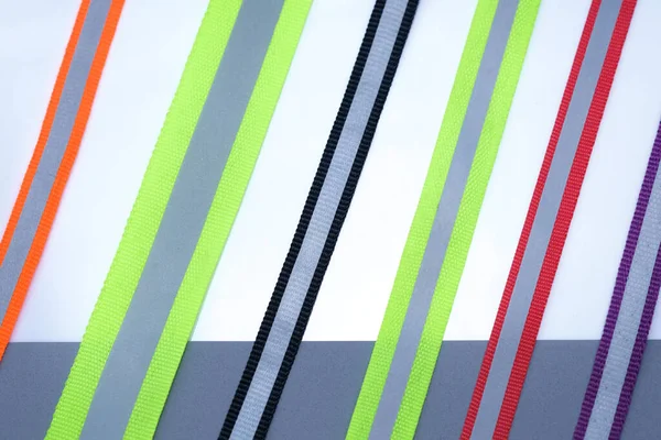 Reflexband Verschiedenen Farben Auf Weißem Hintergrund Textil Reflektorband Zum Aufnähen — Stockfoto