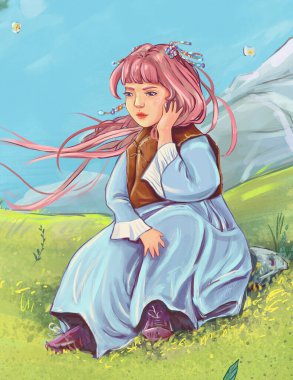 Uzun pembe kanat çırpan saçları olan, çimlerin üzerinde oturan ve çenesini elinin üzerine koyan bir kızın dijital çizimi.