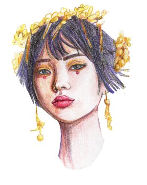 Kafasında beyaz arka planda altın süslemesi olan koyu renk saçlı bir kadının portresi.